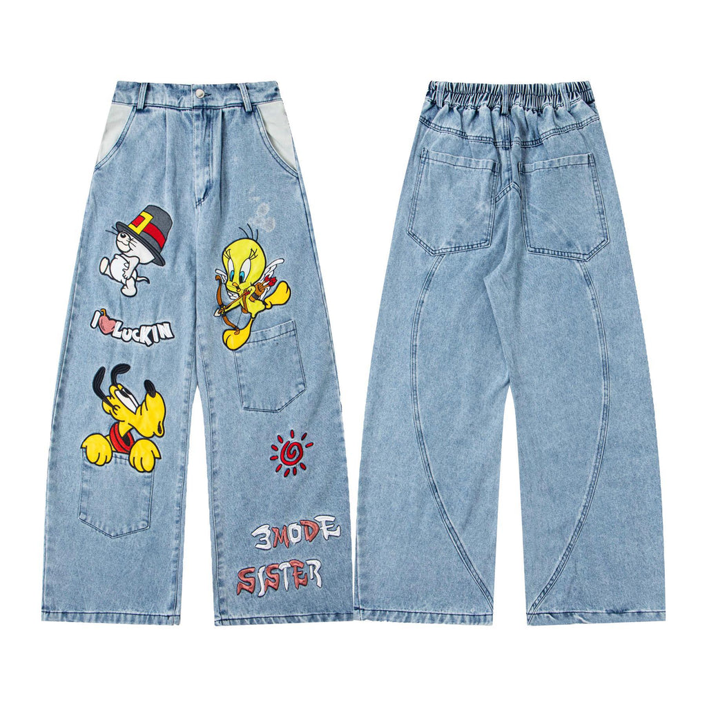 Embroidered washed denim jeans
