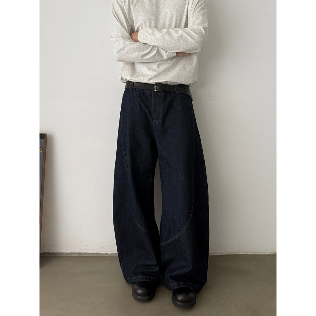 Denim Blue Knife Cut Jeans Men'sTrendy  Style Baggy Wide Leg Pants Loose Cool Casual Trousers for Men