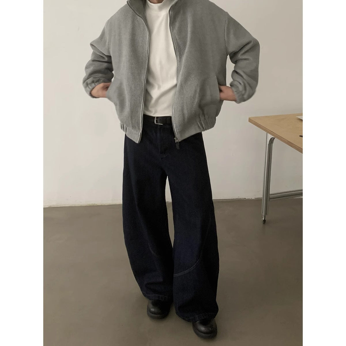 Denim Blue Knife Cut Jeans Men'sTrendy  Style Baggy Wide Leg Pants Loose Cool Casual Trousers for Men