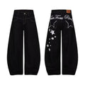 Star Print Black Baggy Slash-Style Jeans