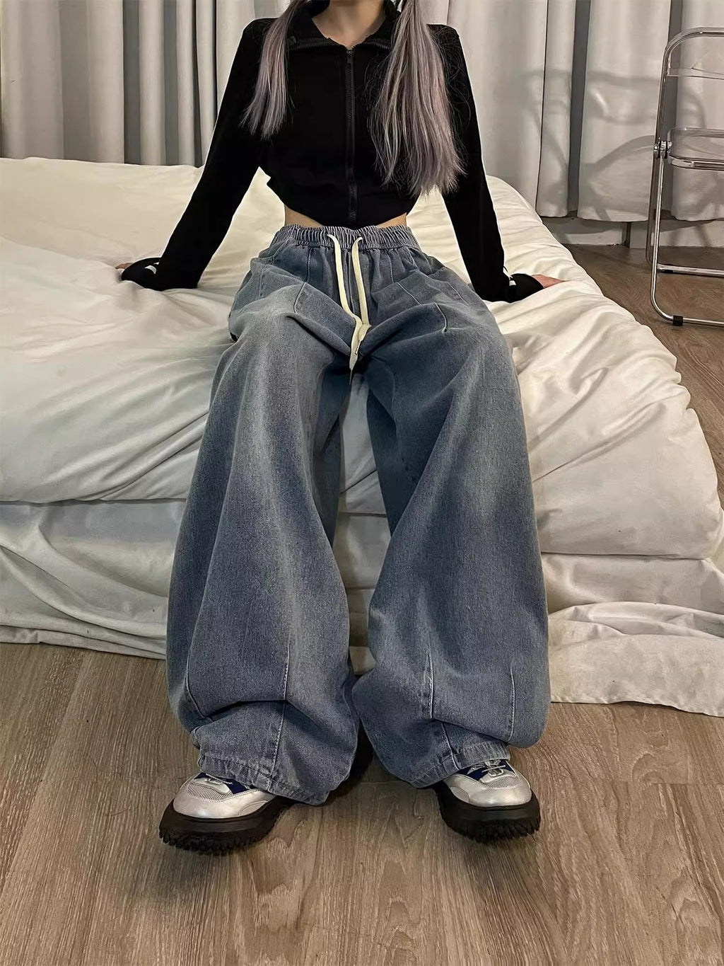 Spring Women Vintage Baggy Jeans Elastic Waist Oversized American Trouser Denim Wide Leg Streetwear Straight Basic Pants