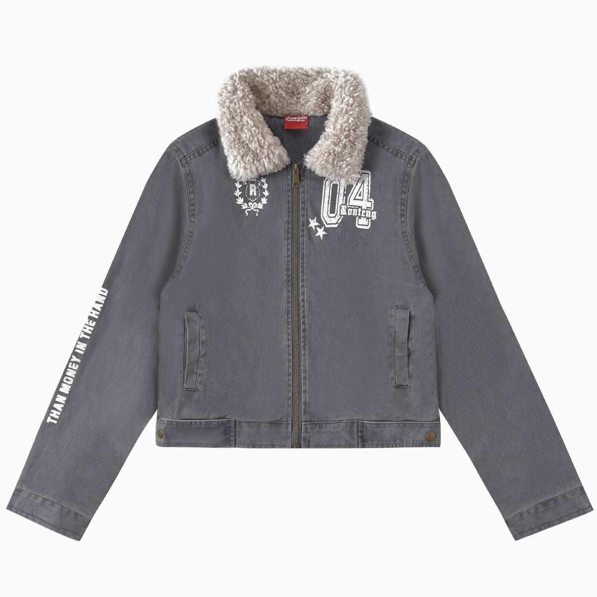 Women's Sherpa Distressed Print Turn-down Collar Short Moto Jacket