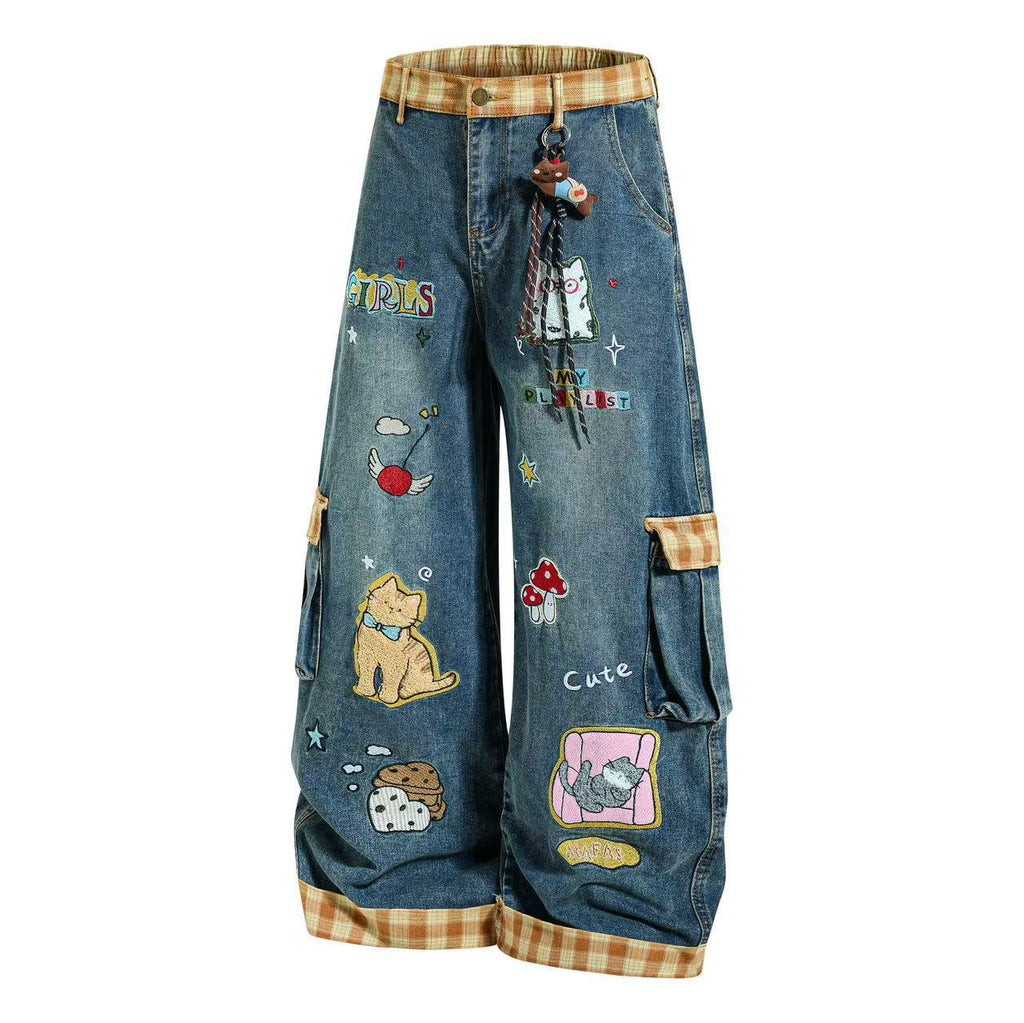 Washed cartoon embroidered jeans