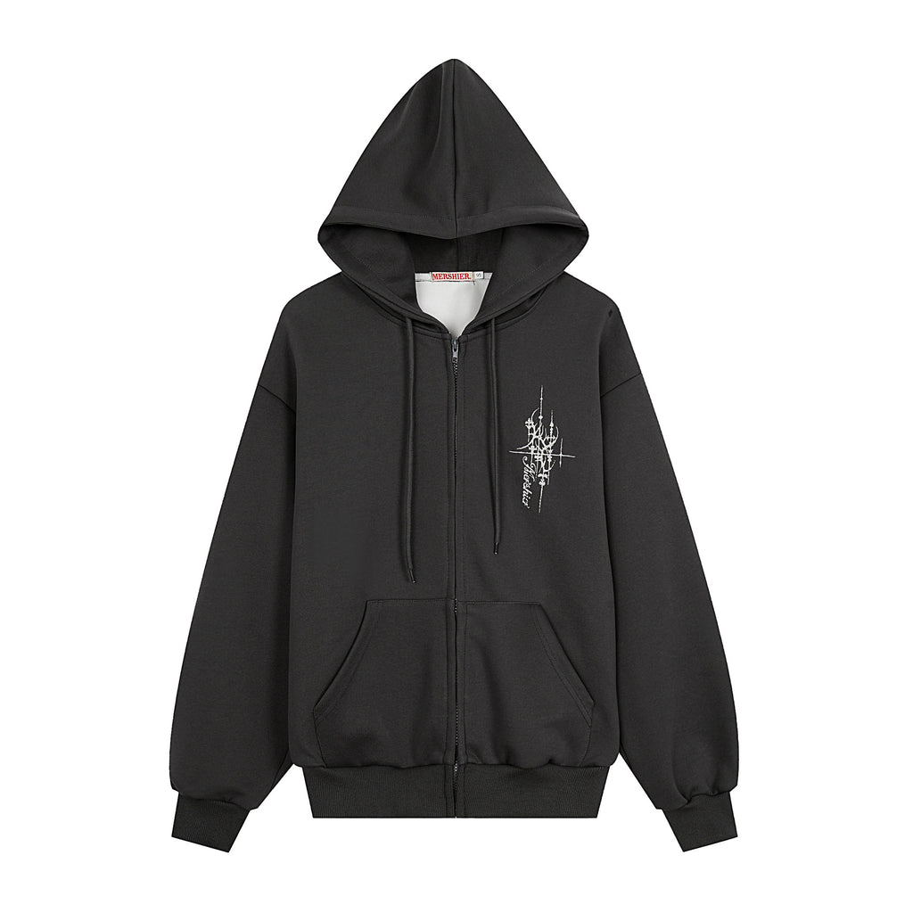 Graffiti Print Oversized Hooded Open Front Sweatshirt Jacket with Back Sequin Wings Unisex Casual