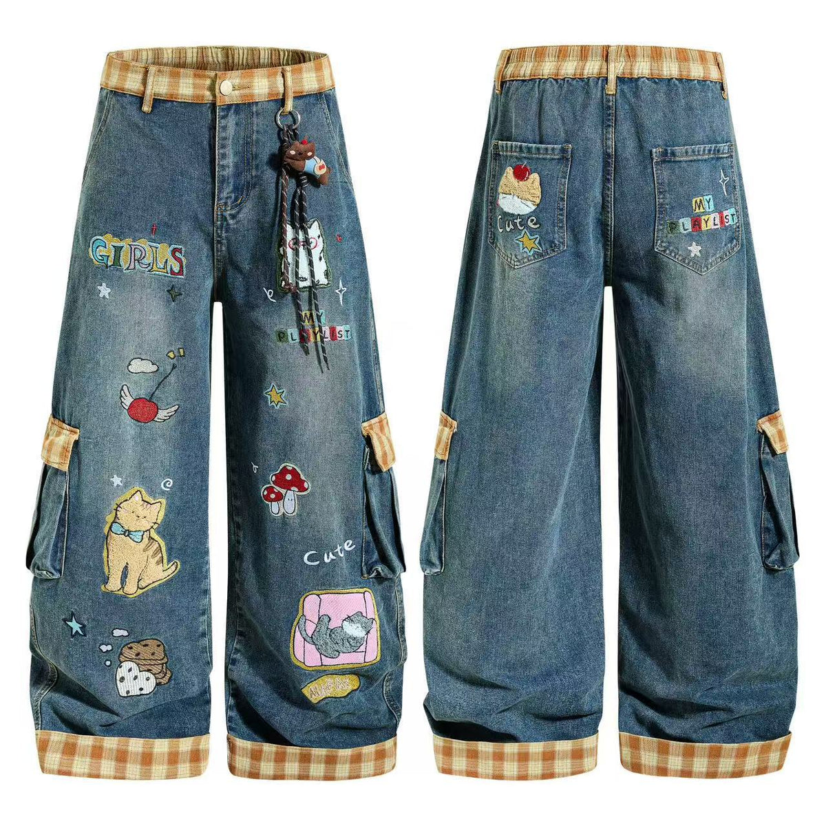 Washed cartoon embroidered jeans