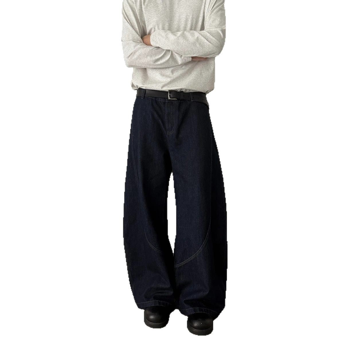 Denim Blue Knife Cut Jeans Men'sTrendy  Style Baggy Wide Leg Pants Loose Cool Casual Trousers for Men