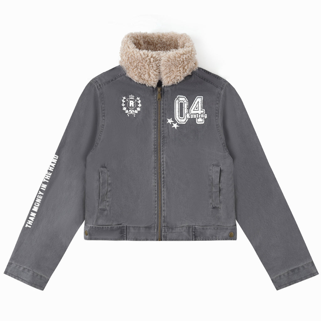 Women's Sherpa Distressed Print Turn-down Collar Short Moto Jacket