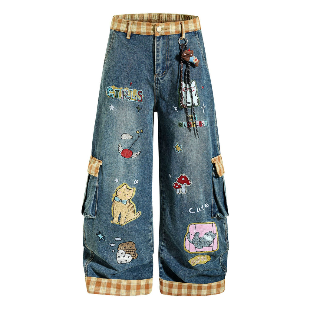 Washed cartoon embroidered jeans